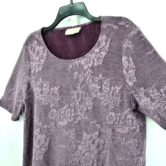 Chicos Shirt Womens Size 2 Purple Floral Asymmetrical Hem Line Short Sleeve Top - Picture 2 of 7
